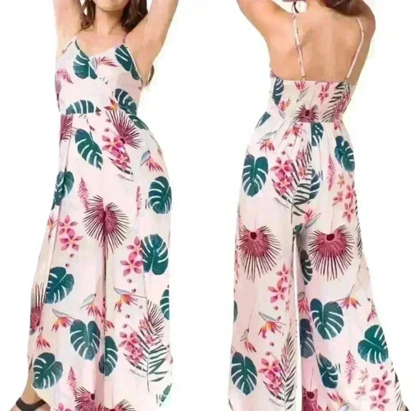 JAPNA HAWAIIAN PINK FLORAL JUMPSUIT CROSSOVER TOP TIES IN BACK WIDE LEG
Size 10 - Picture 5 of 5